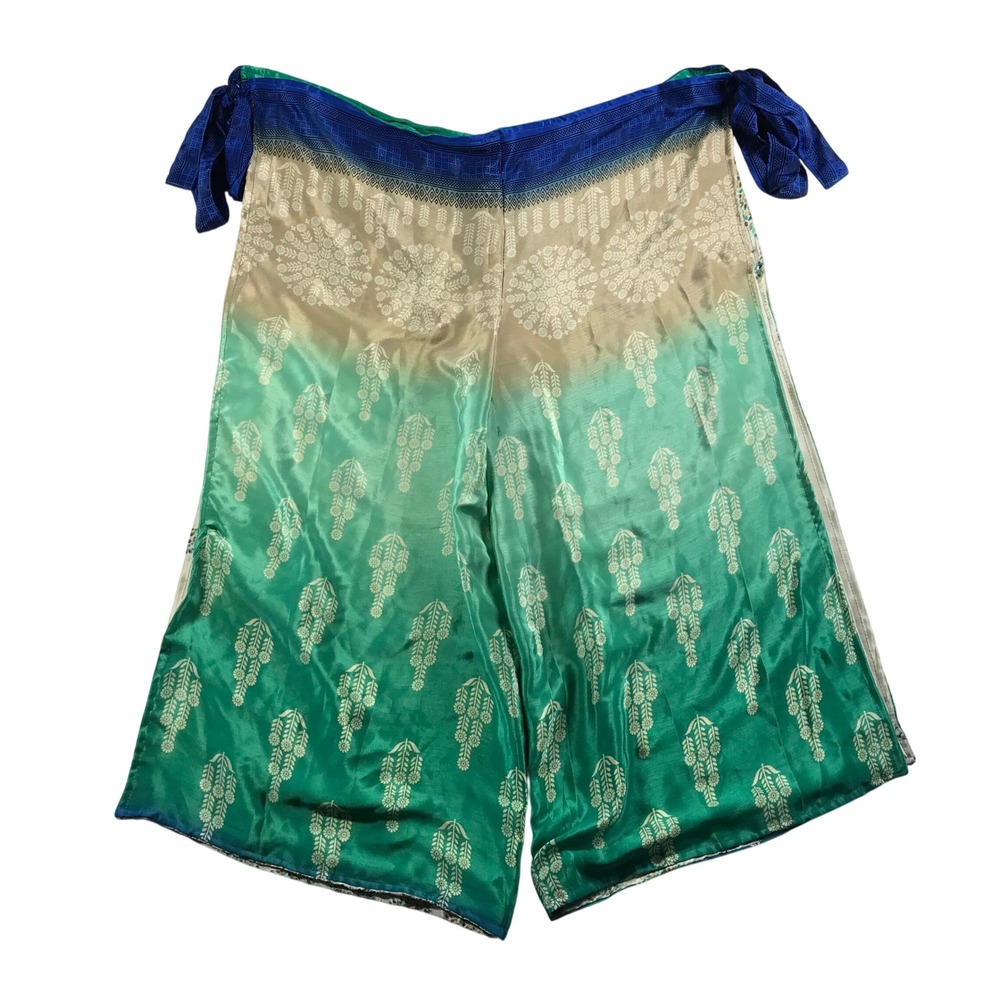 WEVEZ Silk Blend Ombre Floral Block Print Wide Leg Wrap Pants Green Blue OS